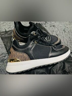 Michael Kors Black and Brown Lace-Up Platform Sneakers with Gold Accent WOMEN